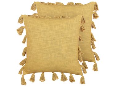 Set of 2 Cotton Cushions with Tassels 45 x 45 cm Yellow LYNCHIS