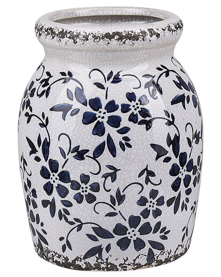 Stoneware Flower Vase 18 cm White with Navy Blue AMIDA_810659