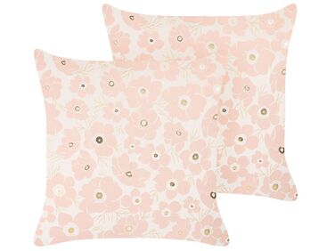 Set of 2 Velvet Cushions Floral Pattern 45 x 45 cm Beige and Pink TRITELEIA