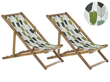 Conjunto de 2 tumbonas de jardín de madera de acacia clara con tela verde/blanco ANZIO