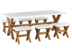 6-istuttava ulkoruokailuryhmä jakkaroilla kuitusementti valkoinen OLBIA 6-istuttava ulkoruokailuryhmä jakkaroilla kuitusementti valkoinen OLBIA