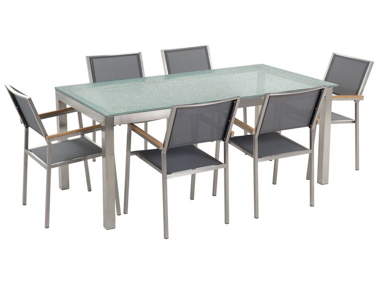Hatszemélyes étkezőasztal üveglappal és szürke textilén székekkel GROSSETO_725164