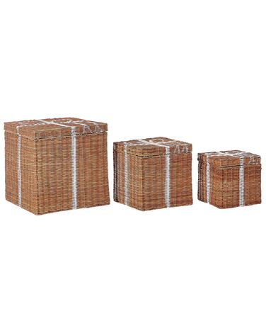 Set of 3 Rattan Storage Boxes Brown CADEAU