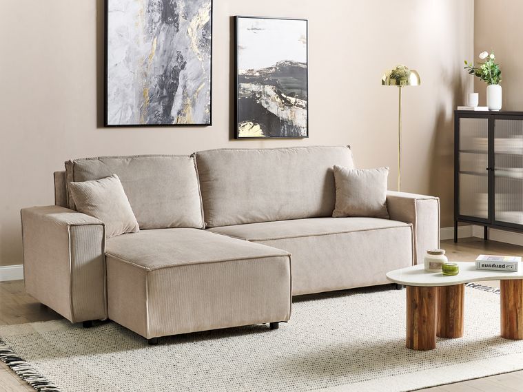 Canapé-Lit D'Angle Avec LED RGB – Rembourré En Velours Doux – Transformable Et Connecté (Smartphone, USB) – Beige 90x200 Cm