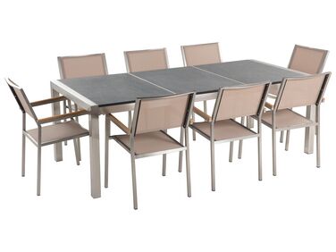 Conjunto de mesa com tampo triplo granito polido cinzento 220 x 100 cm e 8 cadeiras creme GROSSETO
