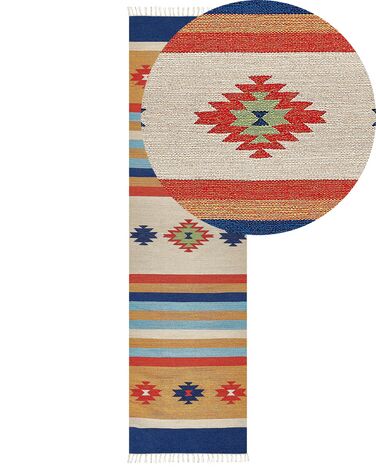 Kelim Teppich Baumwolle mehrfarbig 80 x 300 cm geometrisches Muster Kurzflor TARONIK