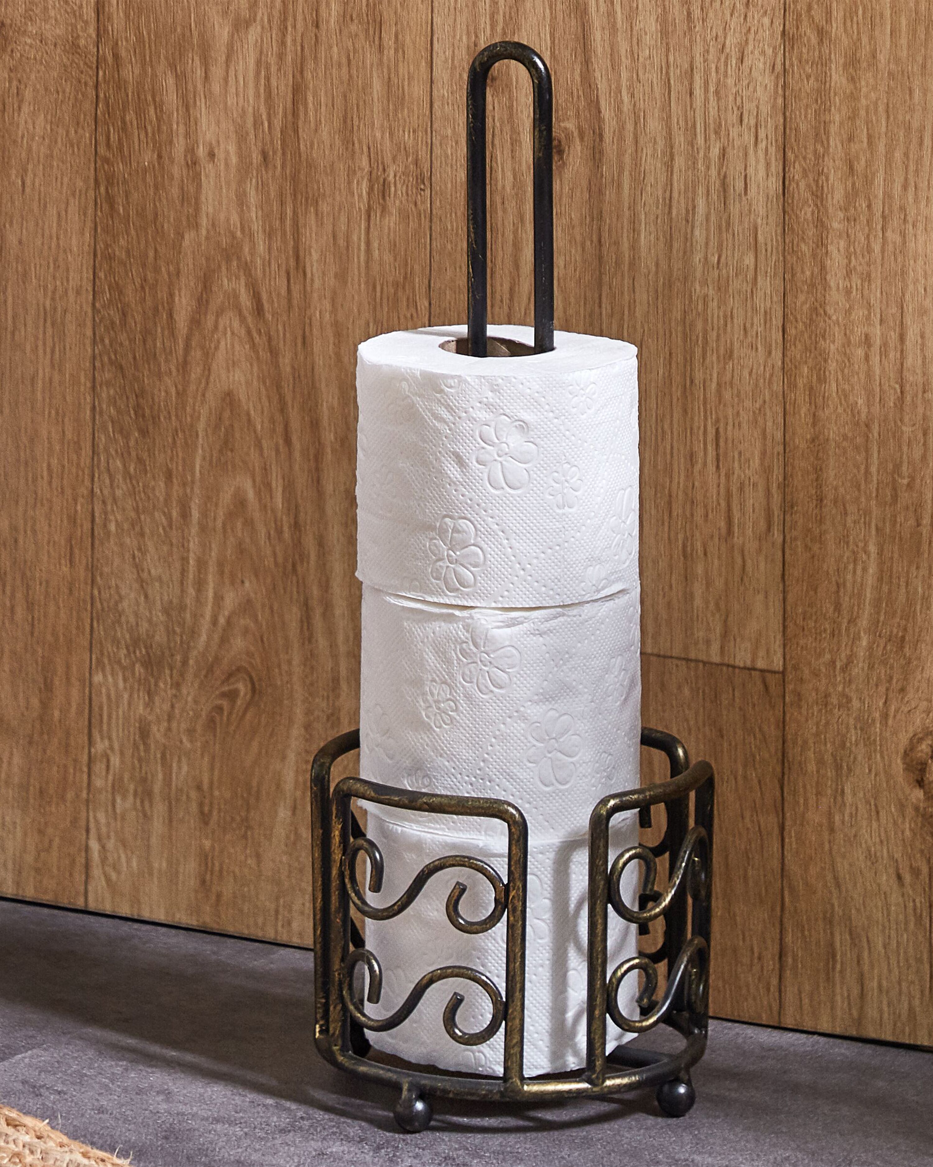 WC Papierhalter Aus Metall, Schwarz, Freistehend – Retro-Vintage-Optik, Für Bis Zu 3 Rollen, 68 Cm Hoch