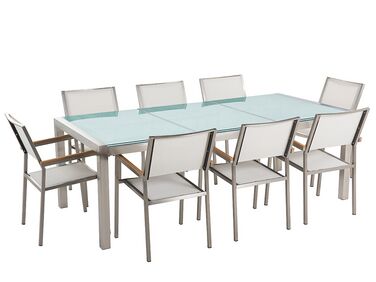 Conjunto de mesa com tampo triplo vidro temperado 220 x 100 cm e 8 cadeiras brancas GROSSETO