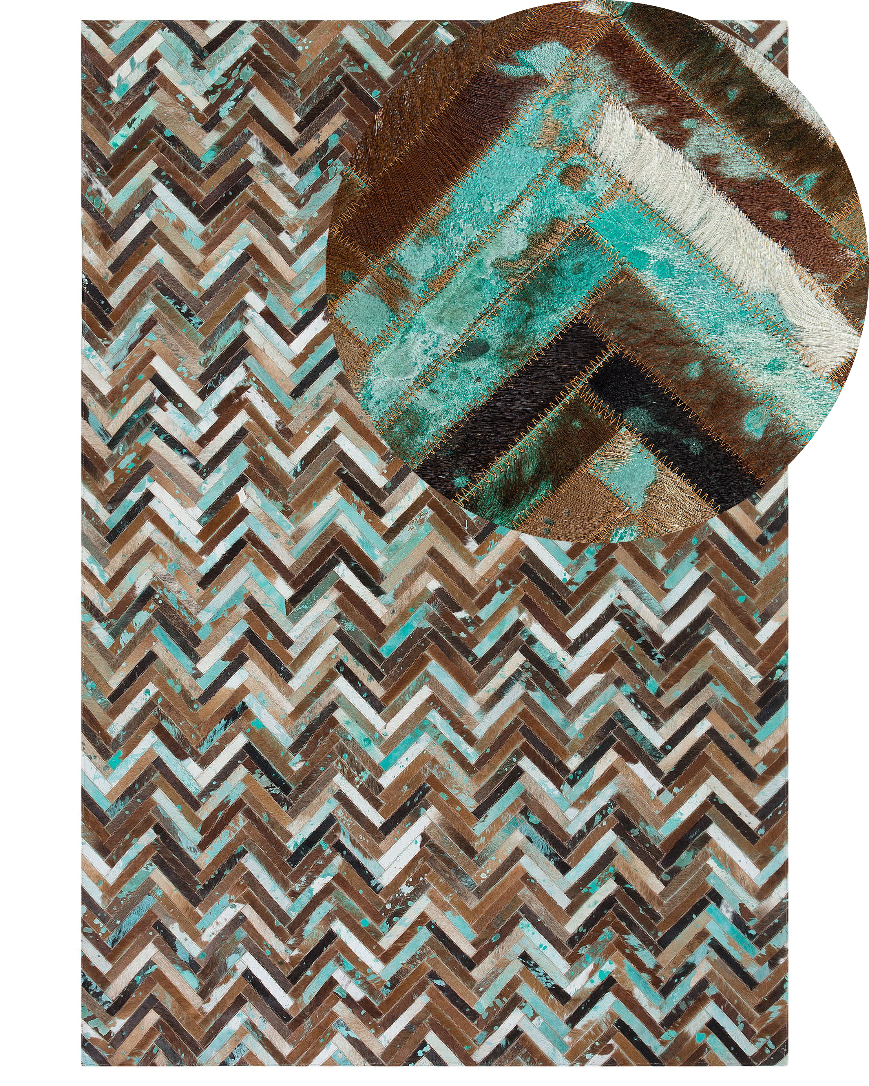 Teppich Kuhfell braun-beige-blau 160 x 230 cm Patchwork Kurzflor AMASYA