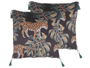 Set of 2 Cushions Leopard Motif with Tassels 45 x 45 cm Black KUHI