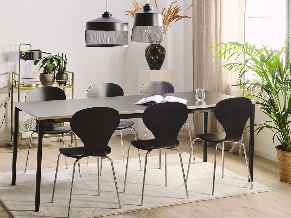 Table à manger extensible Brixton 160-200cm bois et noir + 6 chaises Suedia  noires