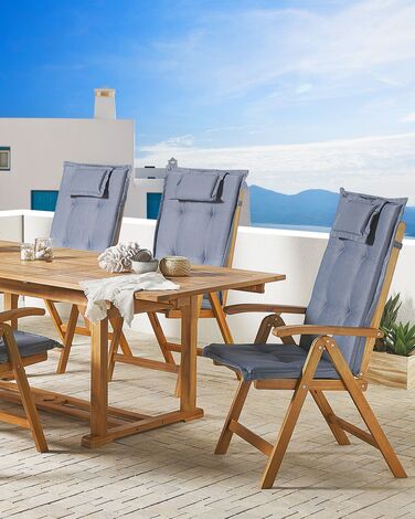 Set of 6 Acacia Wood Garden Folding Chairs with Blue Cushions JAVA