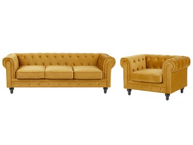 Conjunto de sofás com 4 lugares em veludo amarelo mostarda CHESTERFIELD