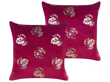 Set of 2 Velvet Cushions Leaf Pattern 45 x 45 cm Burgundy GOLDENROD