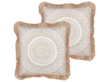 Set of 2 Fringed Cushions 45 x 45 cm Beige and White GERANIUM 