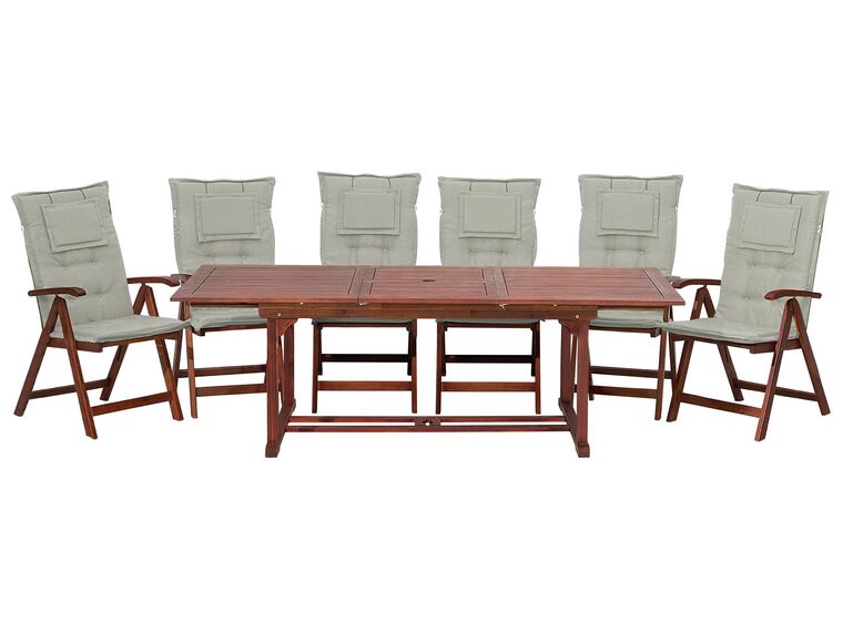 Zahradní souprava, dřevěný stůl a 6 židlí s béžově šedými polštáři TOSCANA_782009