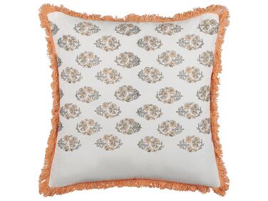 Fringed Cotton Cushion Floral Pattern 45 x 45 cm White and Orange SATIVUS