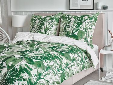 Cotton Sateen Duvet Cover Set Leaf Pattern 135 x 200 cm White and Green GREENWOOD