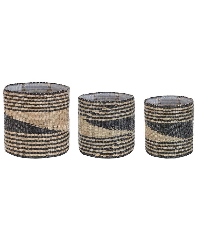 Set of 3 Seagrass Plant Pot Baskets Natural and Black RATTAIL_824937