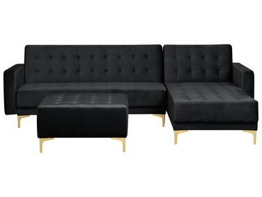 Left Hand Velvet Corner Sofa with Ottoman Black ABERDEEN