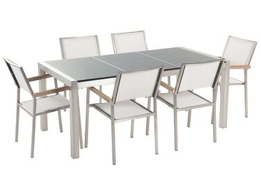 Hatszemélyes szürke gránit osztott asztallapú étkezőasztal fehér textilén székekkel GROSSETO