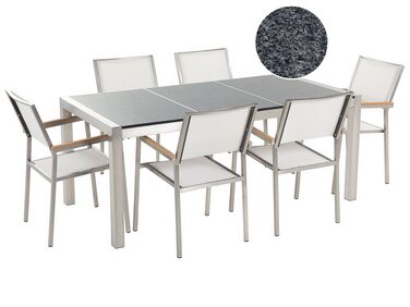Conjunto de jardín mesa con tablero gris de piedra natural pulido 180 cm, 6 sillas blancas GROSSETO 