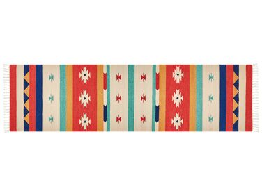 Kelim Teppich Baumwolle mehrfarbig 80 x 300 cm geometrisches Muster Kurzflor MARGARA
