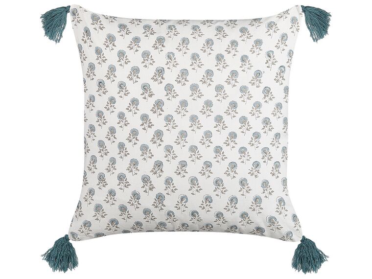 Cotton Cushion Floral Pattern with Tassels 45 x 45 cm White and Blue CORNUS_839136