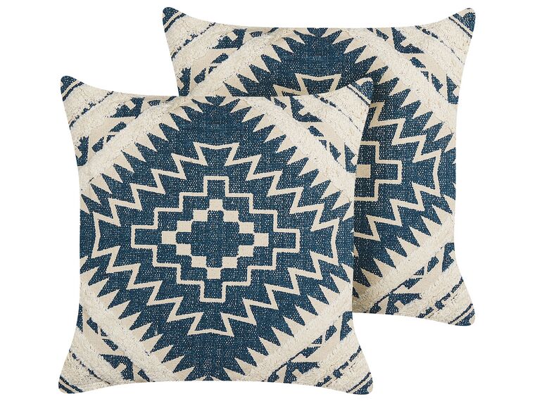 Set of 2 Cotton Cushions Geometric Pattern 50 x 50 cm Blue and Beige SAFI_831153