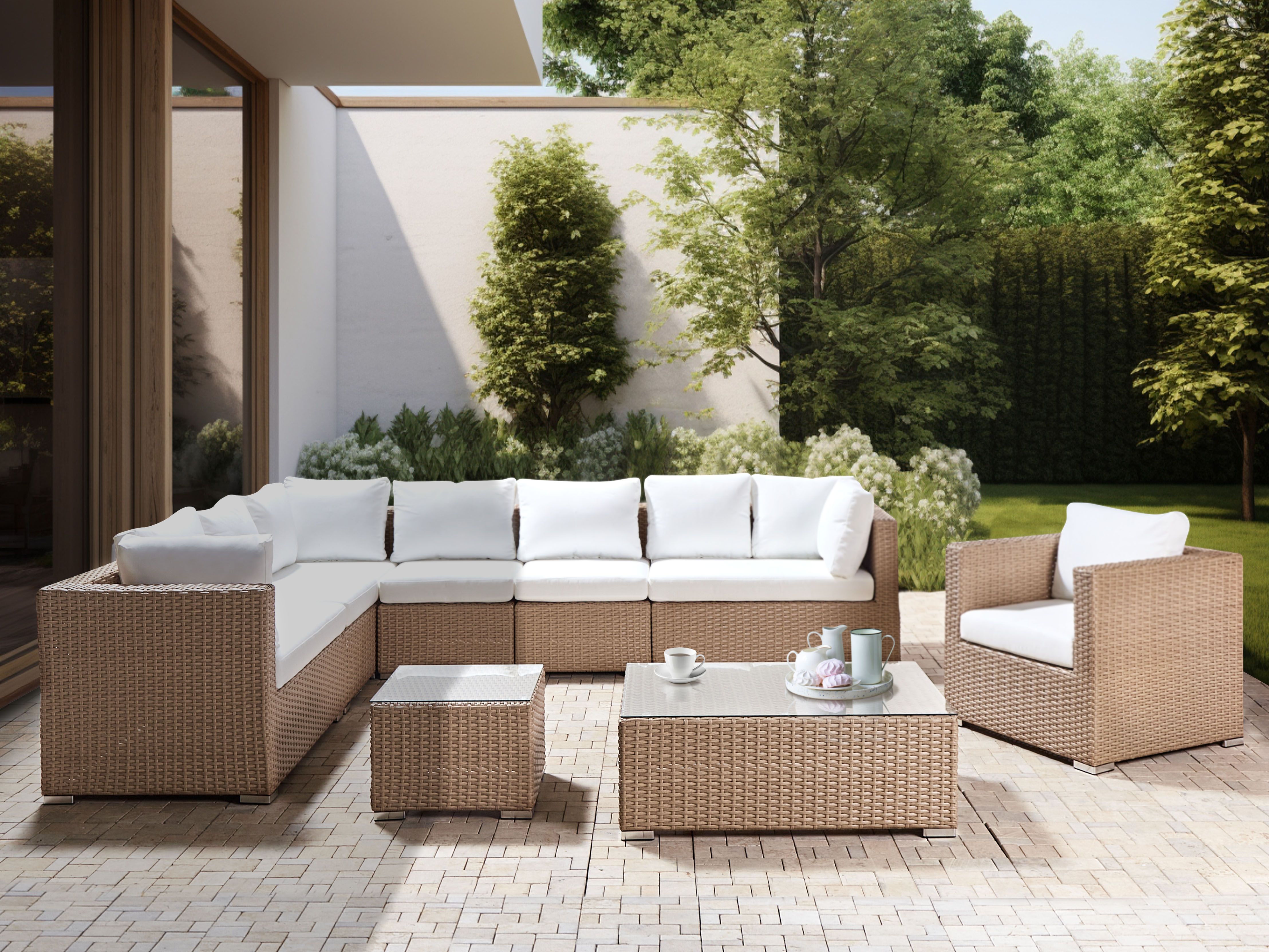 Set Salotto Giardino COSTWAY In Rattan PE - 2 Poltrone, Tavolo Vetro, Beige - Foto 2
