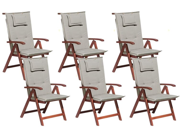 Zestaw 6 krzeseł ogrodowych drewno akacjowe z poduszkami beżowoszarymi TOSCANA_780078