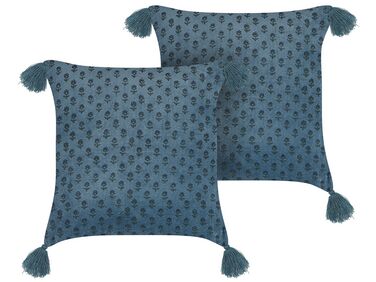 Set of 2 Velvet Cushions Floral Motif with Tassels 45 x 45 cm Dark Blue RIBES