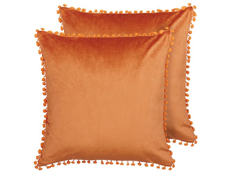Set of 2 Velvet Cushions Pom Poms 45 x 45 cm Orange AERANGIS_837982