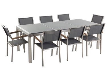 Conjunto de mesa com tampo triplo granito polido cinzento 220 x 100 cm e 8 cadeiras cinzentas GROSSETO