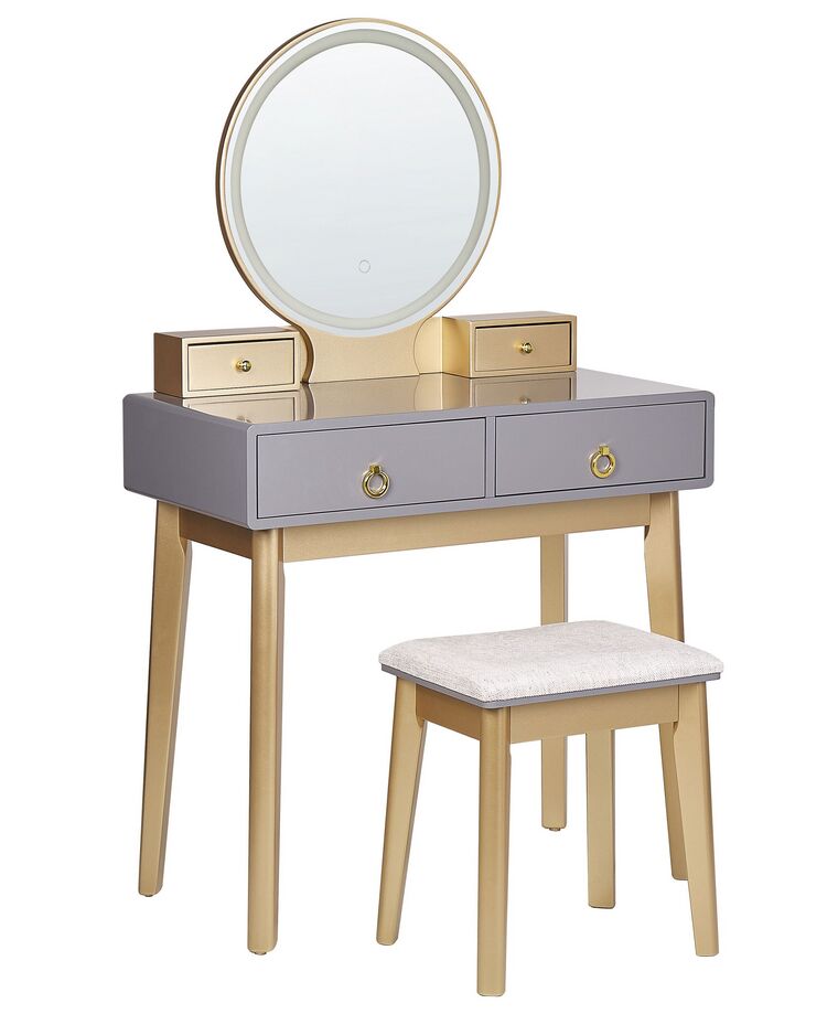 Sminkbord 80 x 40 cm med pall och LED-spegel grå/guld FEDRY_844787