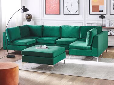 6 Seater U-Shaped Modular Velvet Sofa with Ottoman Green EVJA