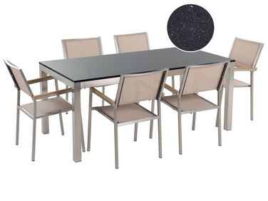 Table de jardin plateau granit noir poli 180 cm 6 chaises textile beige GROSSETO