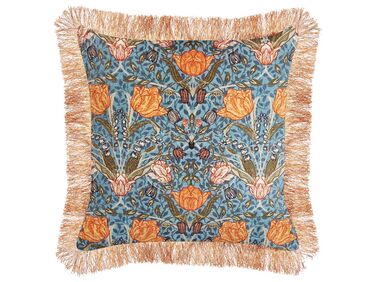 Poduszka dekoracyjna welurowa w kwiaty z frędzlami 45 x 45 cm niebiesko-pomarańczowa MITELLA