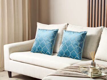 Set of 2 Velvet Cushions Moroccan Pattern 45 x 45 cm Blue ALYSSUM