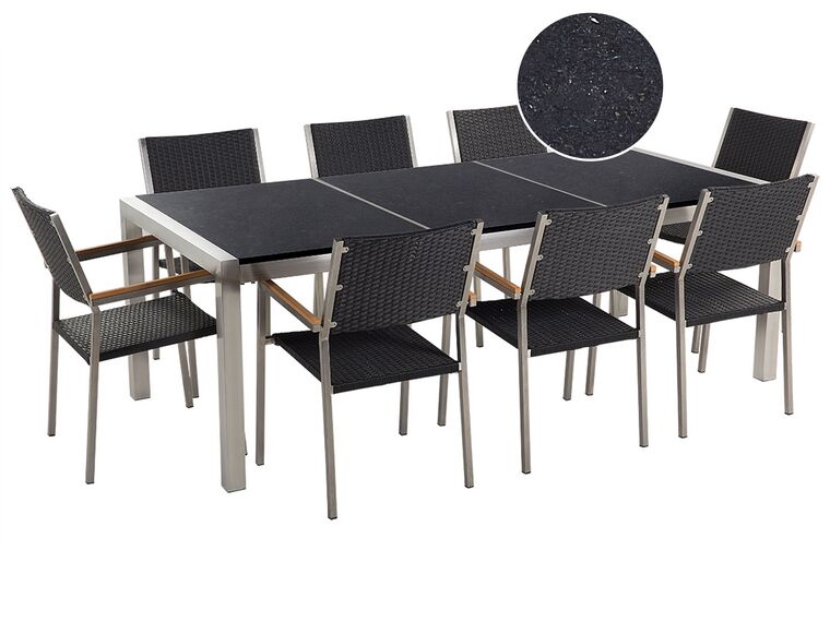 Nyolcszemélyes fekete gránit étkezőasztal fekete rattanszékekkel GROSSETO_453129