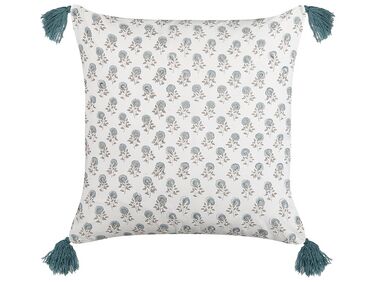 Cotton Cushion Floral Pattern with Tassels 45 x 45 cm White and Blue CORNUS