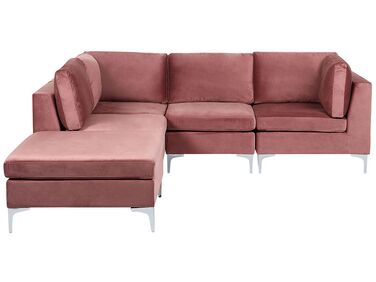 Sofá de canto de 4 lugares em veludo rosa com repousa-pés versão à direita EVJA