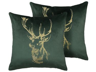 Set of 2 Velvet Cushions Reindeer Print 45 x 45 cm Green BLITZEN