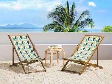 Set of 2 Acacia Folding Deck Chairs and 2 Replacement Fabrics Light Wood with Off-White / Multicolour Geometric Pattern ANZIO