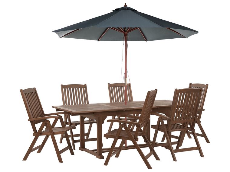 Set da giardino con 6 sedie legno di acacia scuro e ombrellone grigio AMANTEA_880655