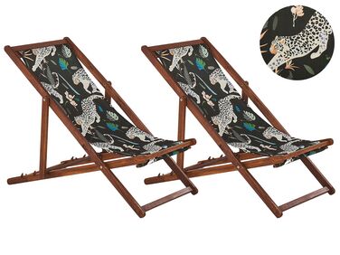 Set di 2 sedie a sdraio legno acacia scuro fantasia ghepardi nero ANZIO
