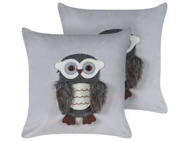 Set of 2 Velvet Kids Cushions Owl Motif 45 x 45 cm Grey OPHRYS