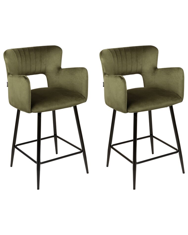 Sada 2 zamatových barových stoličiek olivovozelená SANILAC_912684