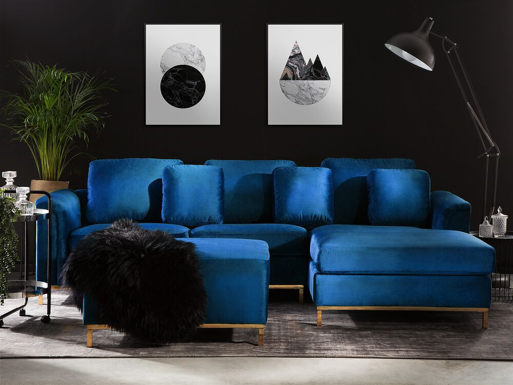 Left Hand Velvet Corner Sofa with Ottoman Navy Blue OSLO ex Factury