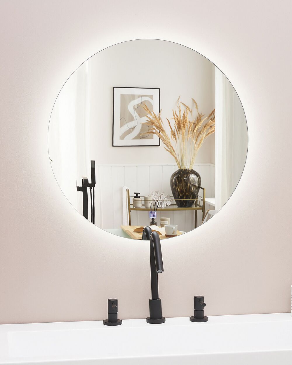 Miroir de salle de bains lumineux LED rond, Ø120 cm, argenté